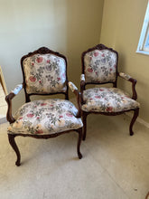 Load image into Gallery viewer, Antique French Louis XV Style Upholstered Carved Mahogany Arm Chairs - Set of Two
