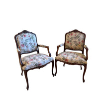 Load image into Gallery viewer, Antique French Louis XV Style Upholstered Carved Mahogany Arm Chairs - Set of Two
