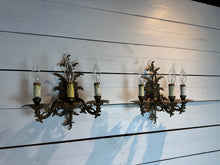 Load image into Gallery viewer, Pair of Vintage Bronze Three Arm Wall Sconces with White Candlesticks
