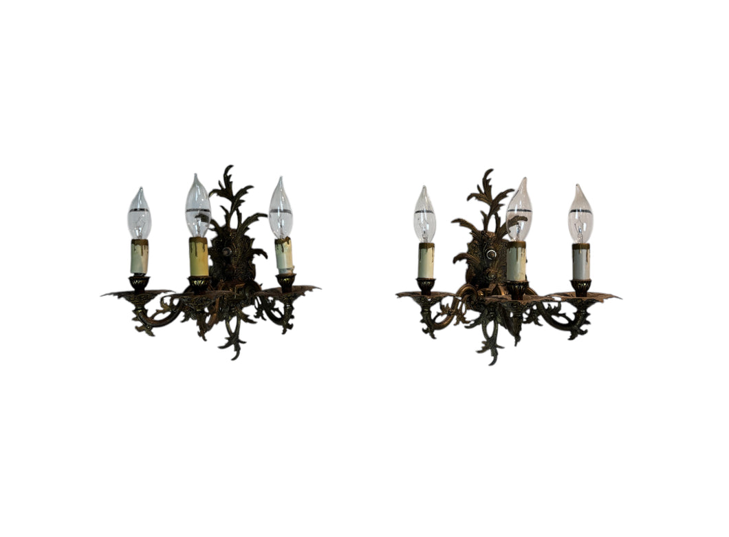 Pair of Vintage Bronze Three Arm Wall Sconces with White Candlesticks