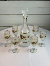 Load image into Gallery viewer, 1960s Mid Century Italian Cocktail Set - Decanter and 6 wine or cordial glasses - with hand painted roses
