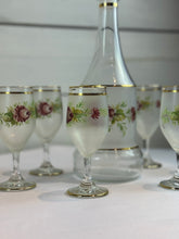 Load image into Gallery viewer, 1960s Mid Century Italian Cocktail Set - Decanter and 6 wine or cordial glasses - with hand painted roses
