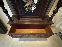 Load image into Gallery viewer, Antique Jacobean Style Carved Oak Cabinet Hutch with Pietra Dura Inlay, Carved Details and Black Marble Top
