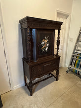 Load image into Gallery viewer, Antique Jacobean Style Carved Oak Cabinet Hutch with Pietra Dura Inlay, Carved Details and Black Marble Top
