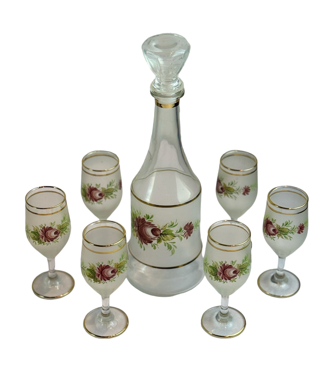 1960s Mid Century Italian Cocktail Set - Decanter and 6 wine or cordial glasses - with hand painted roses