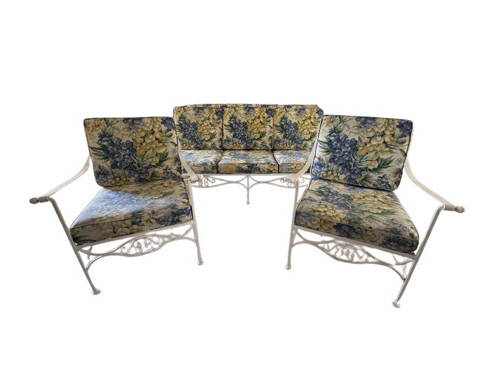 1970s Palm Beach Regency Wrought Iron Patio Set - Sofa and 2 Arm Chairs