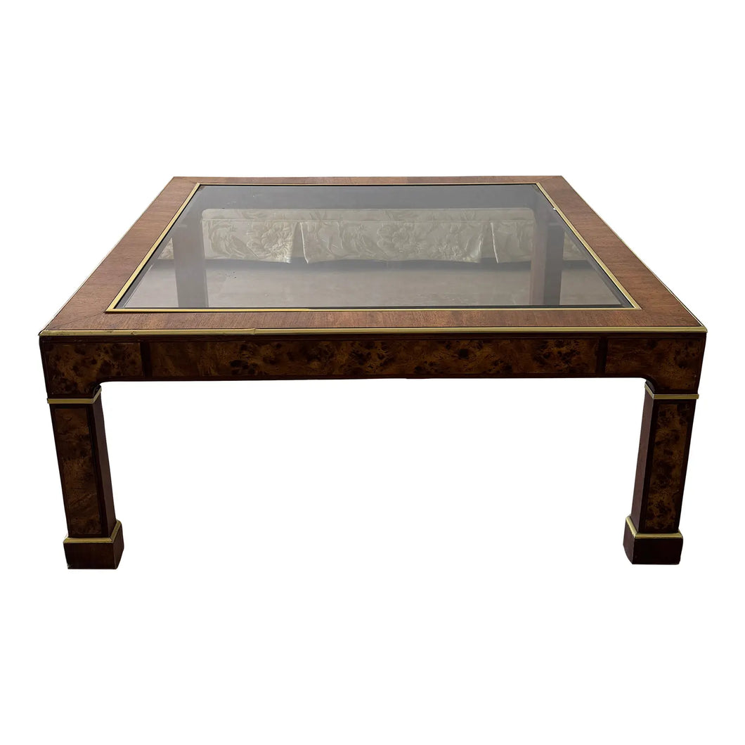 Vintage 1970s Milo Baughman Style Retro Square Coffee Table in Burlwood with Gold Accents