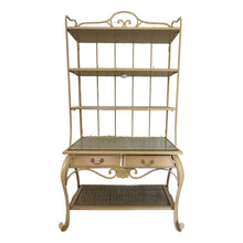 Load image into Gallery viewer, Vintage 1970s Wrought Iron Bakers Rack with Woven Rattan Shelves
