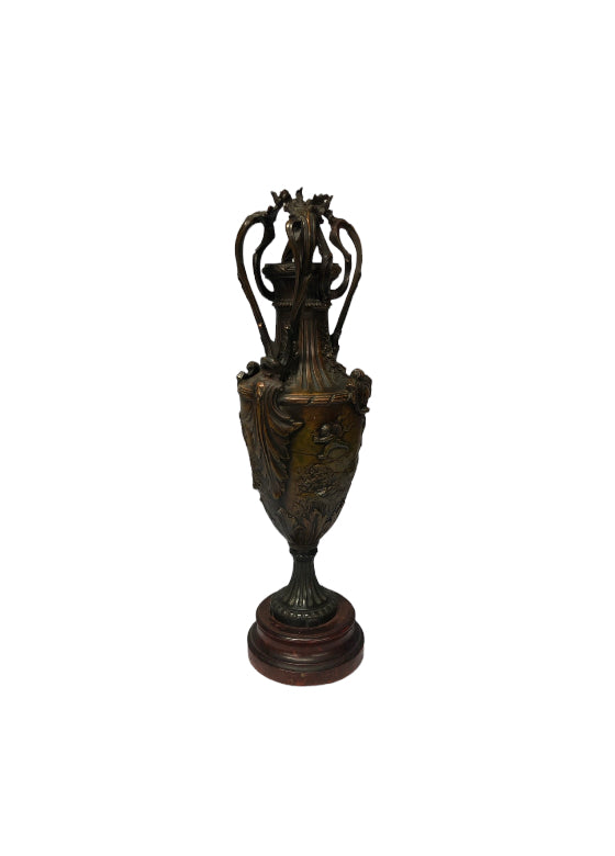 Antique Dark Brass Urn with Wood Base