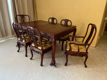 Load image into Gallery viewer, Antique Rosewood Dining Table, Chinese Carved, With 8 Chairs and Two Extension Leaves
