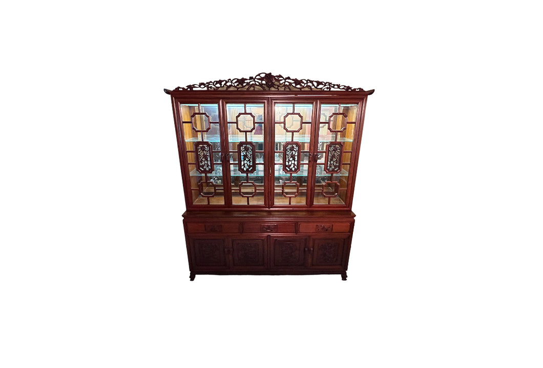 Antique Rosewood China Cabinet With Chinese Ming Carvings