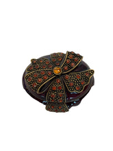 Load image into Gallery viewer, Bombay Jeweled and Enameled Metal Hinged Amber Jewelry and Trinket Box - Oval with Bow
