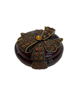 Load image into Gallery viewer, Bombay Jeweled and Enameled Metal Hinged Amber Jewelry and Trinket Box - Oval with Bow
